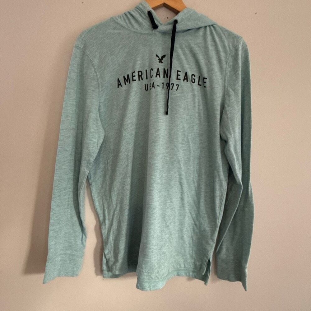 American Eagle men’s hooded shirt size small green graphic spell out casual